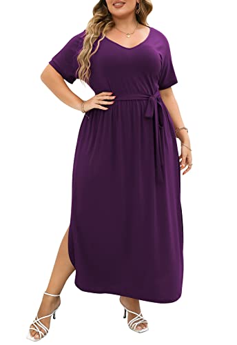 Image of Nemidor Womens Casual Plus Size Tie Waist Slit Long Maxi Dress with Pockets NEM313