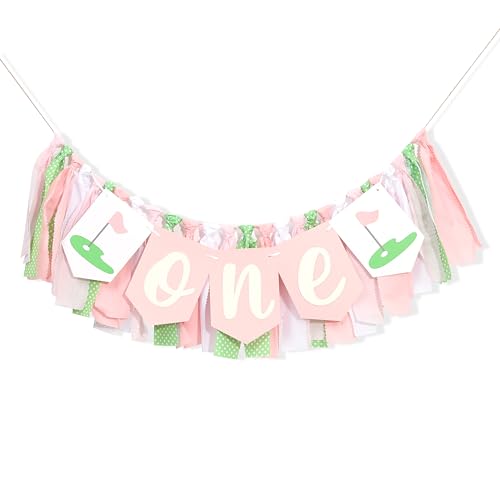 Image of Golf 1st Birthday Decorations For Girls - Hole In One High Chair Banner,Sports Themed First Birthday Photo Props,Golf Pink Green Ribbon One Banner,Baby Girl Smash Cake Backdrop
