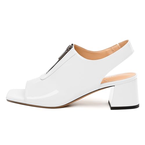Womens Pumps, Square Peep Toe Mid Block Heel Slingback Pumps for Women, Open Toe Backless Pumps with Front Zipper 22