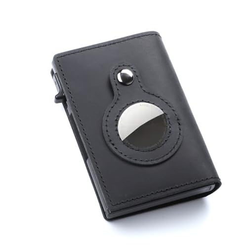 Long Face AirTag Wallet (No Airtag Included) Genuine Leather Air Tag Wallet RFID Technology Credit Card Holder with Minimalist Wallet for AirTag Color Black, Brown, Fiber (Black)2