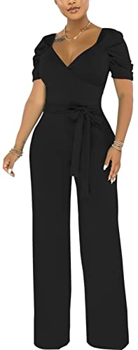 Image of PaladMom Womens Elegant Plus Size Jumpsuits Sexy Back zipper Short Sleeve Mid Waist Wide Leg Straight Rompers