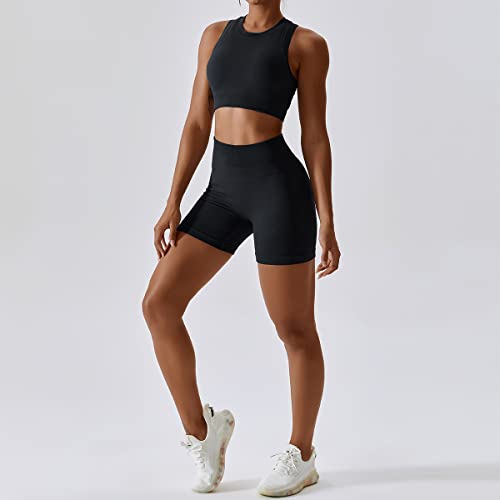 Image of Workout Sets for Women 2 Piece Seamless Ribbed Tank Top Sport Bra High Waist Biker Shorts GYM Yoga Exercise Outfits