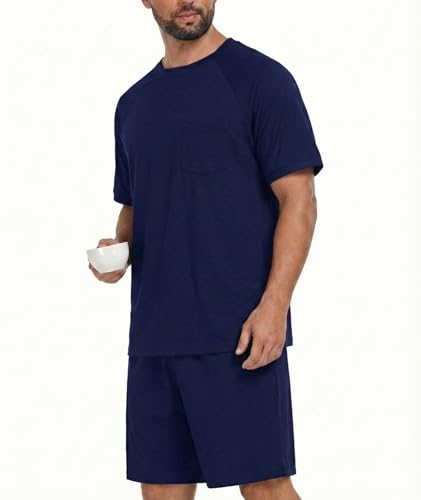Image of Mens Pajamas Set Lightweight Summer Pjs Sleepwear Soft Comfy Short Sleeve Loungewear With Pocket (S-4X)