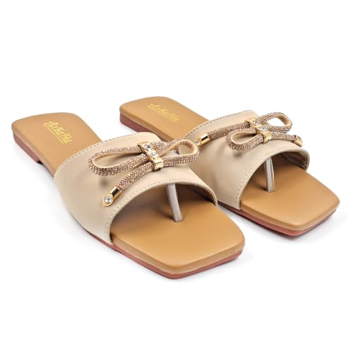 Image of flats for women stylish beige cream daily use flip flops girls slippers open square toe footwear sandals | Slides for women stylish bow accent on the toe
