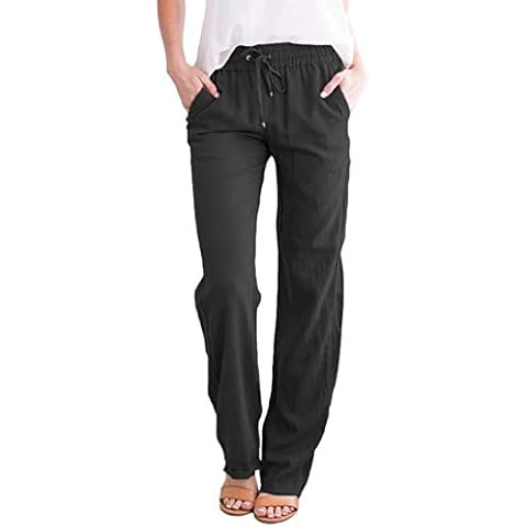 LaiYuTing Women's Spring and Summer Women's Pants Solid Color Cotton and Linen Drawstring Loose Casual Wide-Leg Women's Trousers Black Cover