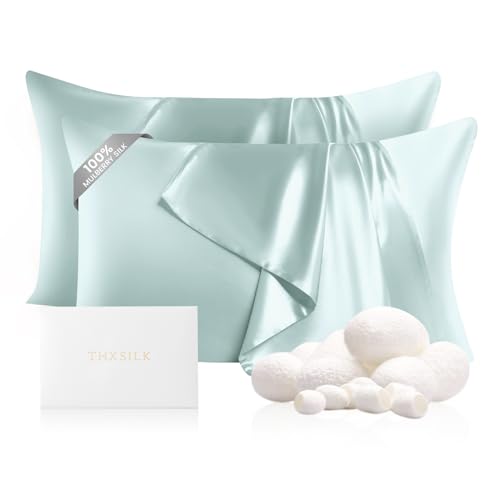 Image of THXSILK Set of 2 100% Mulberry Silk Pillowcase for Hair and Skin Health, 22 Momme Soft and Smooth Pillowcases with Hidden Zipper, Both Sides Premium Grade 6A+ Silk, Standard 20 inchx26 inch, Light Blue