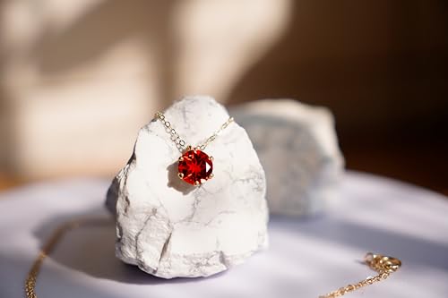 14k Gold 1CT Round Gemstone Necklace for Women 1 Carat 6.5MM Brilliant-Cut Created Birthstone Anniversary Birthday Mother's Day Classic Necklaces for Mom Her 16+2 inches 6