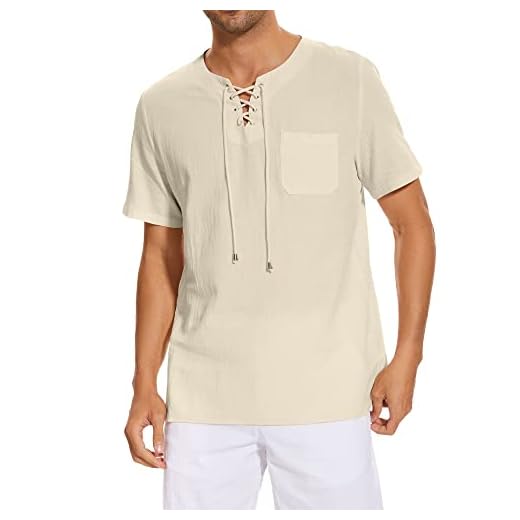 LVCBL Camisa de lino para hombre, estilo retro, con cordones, manga corta, para verano, informal, corte regular, camiseta para hombre, caqui, M