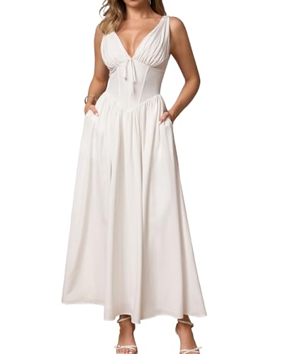 GLNEGE Women's Summer Corset Midi Milkmaid Dress Casual V Neck Flowy A Line  Sundress Wedding Guest Dresses with Pockets 2025 - Product Details