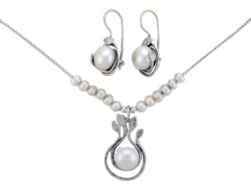 Bili Silver 925 Sterling Silver Necklace + Earring SET From Israel by Necklace - Round Fresh Water White Cultured Pearl + White Fresh Water Pearl Beads Earrings have White Round Fresh Water Pearl