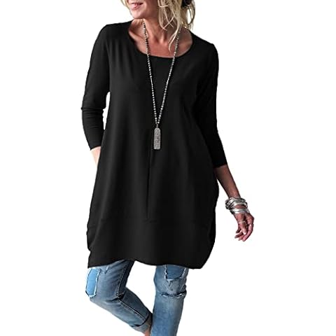 Fangetey Long Sleeve Tunic Tops for Women Casual Round Neck Fall Blouses Loose Fit Shirts Dresses for Leggings Black X-Large Cover