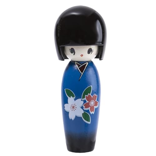 lachineuse Kokeshi japonés Azul 13,5 cm – Muñeca Japonesa de Madera con Kimono Flores de Cerezo – Figura Decorativa Japonesa – Kokeshi Tradicional Japón – Idea de Regalo Original decoración asiática