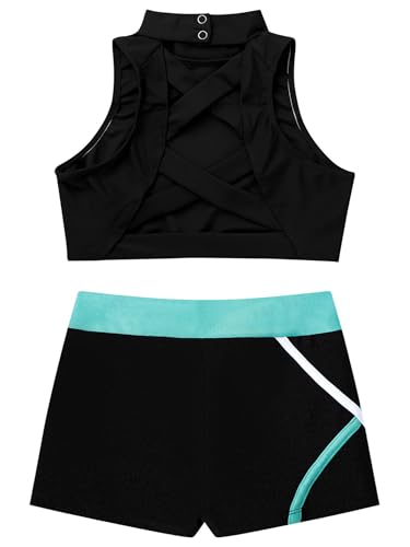 Kids Girls Pcs Dance Gymnastic Sport Outfit Sleeveless Mock Neck Crisscross Crop Top with Shorts Tracksuit4