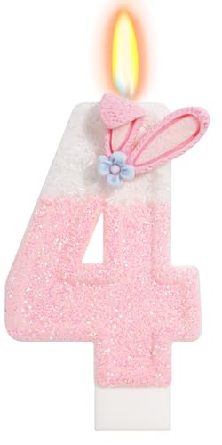 ElekFX Cute Bunny Number 4 Candle Glitter Pink White Rabbit Cake Topper for Kids Bunny Birthday Decorations for 4th Birthday Zoo Animal Party Supplies