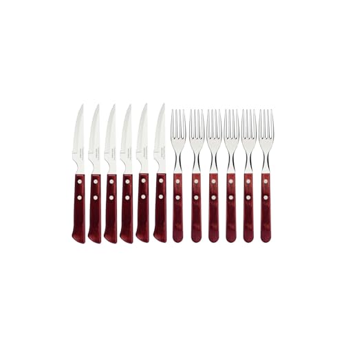 Tramontina Steakbesteck Spanish Style, Set 12-teilig, mit 6 Steakmessern und 6 Steakgabeln, Edelstahl, Echtholzgriff in rot, FSC