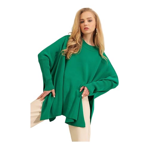 Image of Women's Crew Neck Batwing Sleeve Split Hem Oversized Knit Poncho Sweater