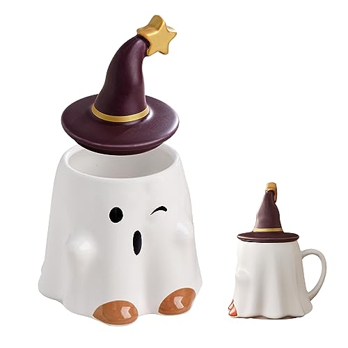 N Nexoria Caneca de Halloween, caneca de fantasma e tampa, caneca de café em cerâmica com forma de fantasma, caneca de café de Halloween, canecas de cerâmica, canecas engraçadas, presentes de