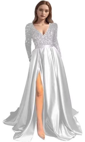 Kncpti Long Sleeves Prom Dresses with Slit for Women Shiny Sequin Satin Long Formal Evening Party Gowns with Pockets Sliver 4