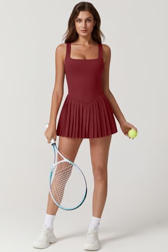 Image of QINSEN Womens Square Neck Tennis Dress Pleated Sleeveless Built in Shorts Golf Athletic Dress with Pockets
