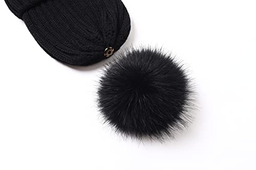 Roniky Womens Winter Beanie Hat, Silk Satin Lined Faux Fur Pom Pom Beanies Hat For Women Girls Warm Winter Knit Hats Black #TOP5