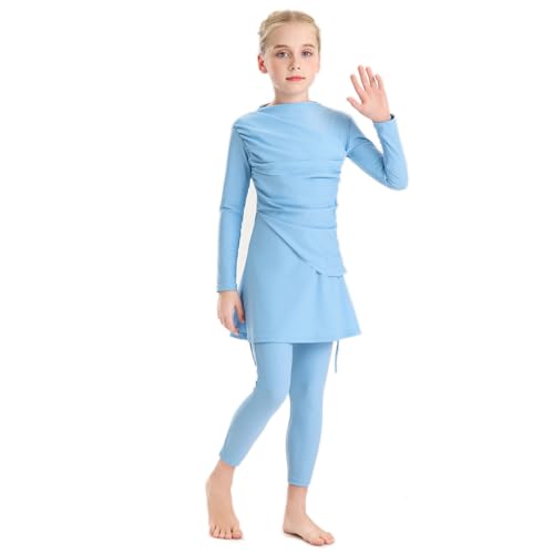 Image of Muslim Swimsuits for Girls Modest Swimwear Full Cover Hijab Burkini Islamic Top Pants Cap 3PCS Rash Guard Sets
