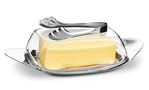 Eternal Living Covered Butter Dish with Lid and Spreader Tongs for Countertop Holds Up to 2 Sticks, Stainless Steel