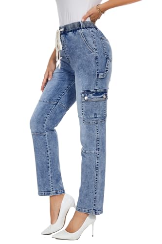 SESERAGI Cargo Jeans for Women Butt Lift Mom Jeans para Mujer Pants Vintage Denim High Waisted Straight Teen Girls Teens Deep Blue L