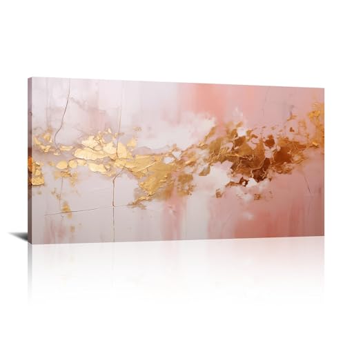 Salon moderne chaleureux avec tableau abstrait fluide rose or 80x160