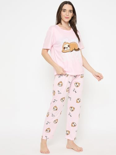 Image of CAMEY Women's Printed Pyjama Set, Short Sleeve T-Shirt and Trousers, Women Nightsuit, Loungewear Sets
