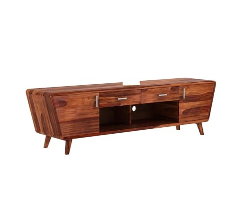 Image of Premium Solid Sheesham Wood TV Unit for Living Room - 2 Drawers, 2 Shelves, and 2-Door Storage - Fits up to 60-Inch TV (Carvel, Honey Finish)