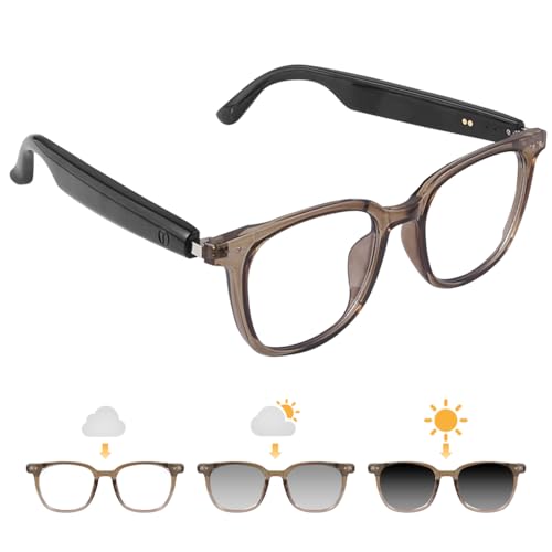 Smart Glasses for Women Men, Bluetooth Glasses with Photochromic Lenses Touch Control Voice Assistant for Clear Audio, Remote Photography, Clear Brown Frame and Black Legs, Perfect for Indoor Outdoor