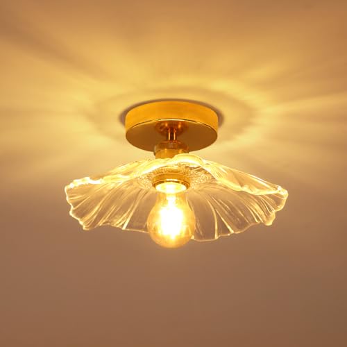 Comely Deckenleuchte für Flur, E27 Gold Glas Deckenlampe in Blumenform, kleine Deckenbeleuchtung aus klarem Glas, Durchmesser 28cm, ohne Leuchtmittel