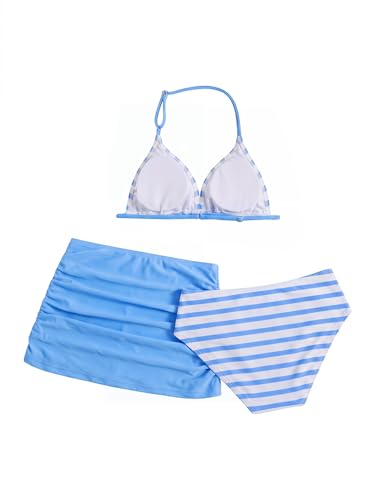 Image of RoseSeek Girl's 3 Piece Cute Bowknot Bathing Suit Halter Triangle High Waisted Swimsuit with Beach Cover Up Skirt