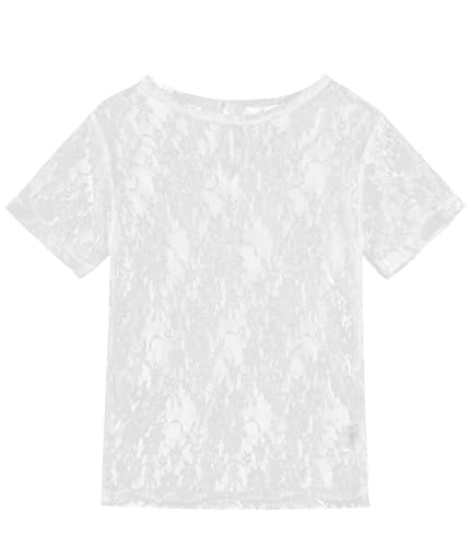 Image of Noomelfish Girls Lace Short Sleeve Layering Tops Sheer Mesh Tee Shirts Blouse (5-12 Years)