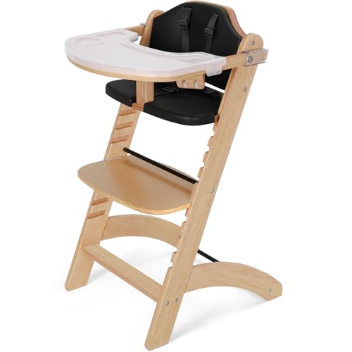 Cowiewie New Upgrade 3-in-1 Convertible Wooden High Chair for Babies & Toddlers 10 Levels Adjustable 2-Tray & 2 Waterproof Cozy Cushions Black