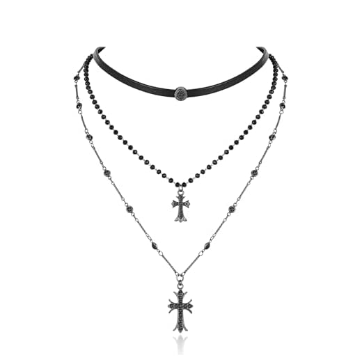ENSKEFEN Colar gargantilha feminina gótico vintage em camadas com pingente de cruz punk colar gargantilha de couro preto com contas