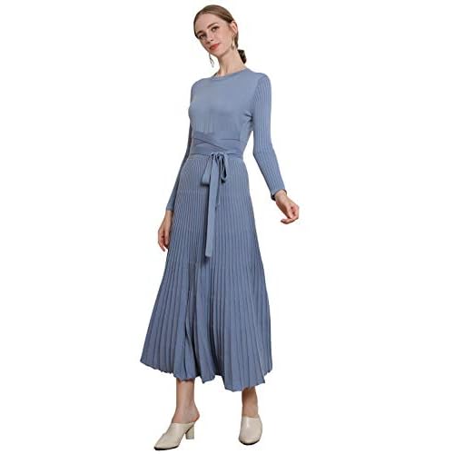 RanRui Womens Winter Fall Pleated Knitted Fit and Flare Long Sleeve Sweater Dress 6-8 A-haze Blue