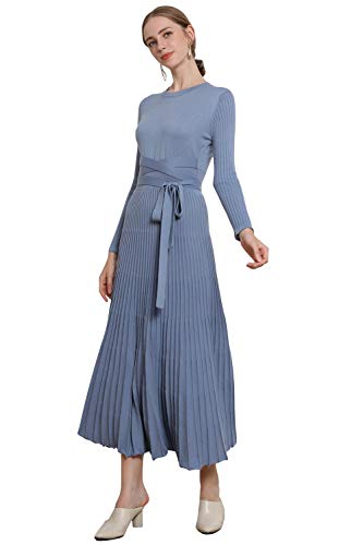 Image of Women's Long Knit Crewneck Sweater Dress Tie Waist A-Line Swing Pleated Bodycon