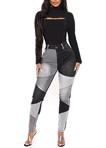 FEESON Skinny Jegging Jeans for Women,Women's High Rise Patchwork Stitching Stretchy Skinny Jeans Plus Size Denim Jegging Black XL