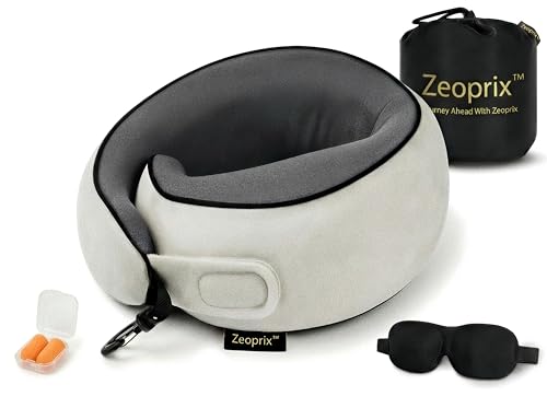 Image of Travel Neck Pillow for Airplane, Memory Foam 360 Wrap Around Neck Support for Sleeping on Long Flights, Washable Cover with Adjustable Fit, Eye Mask & Earplugs, for Car & Office (Light Grey)