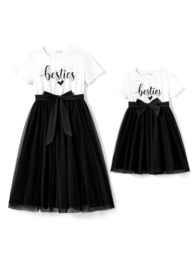 Image of PATPAT Mommy and Me Matching Short-Sleeve Cotton Solid Mesh Tulle Belted Long Dresses