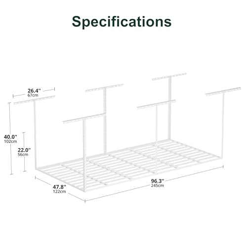 Image of SunsGrove 4x8 Overhead Garage Storage Rack Organization, Adjustable Ceiling Mounted Storage Racks, 800LBS Weight Capacity, 22 inch-40 inch Ceiling Dropdown, White
