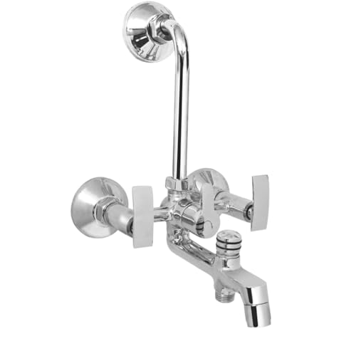 Image of iRiS 3-in-1 Wall Mixer Tap | Brass Bathroom Faucet with Overhead Shower Provision & 125mm Long Bend Pipe | Chrome Finish Bath Fitting | Wall-Mounted Hot & Cold Water Mixer