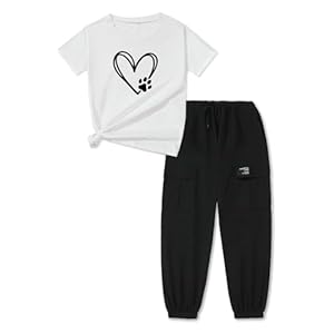 ARTMINE Girls’ 2 Piece Outfits Casual Drawstring Jogger Pants and Basic Short Sleeve Top Set, 6-14 Years