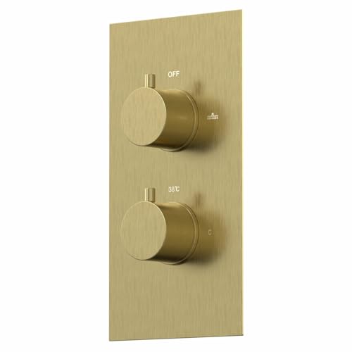 Architeckt® Thermostatic Bathroom Shower Mixer Valve Concealed Dual Twin Outlet Wall Mounted Round Controls Diverter Modern, Brushed Brass