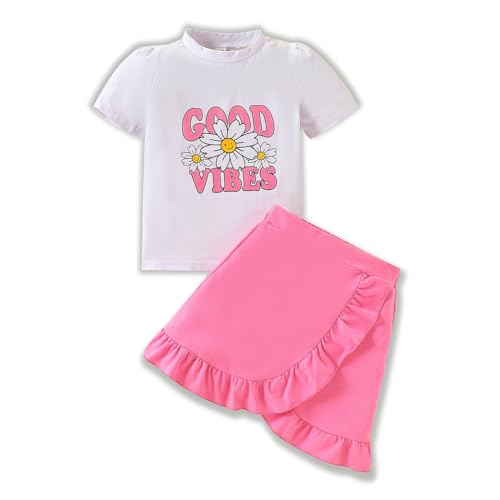Image of Kids Toddler Girl Summer Clothes Letter Printed T-Shirt Top+ Floral Skirt 2pcs Girl's Skirt Set