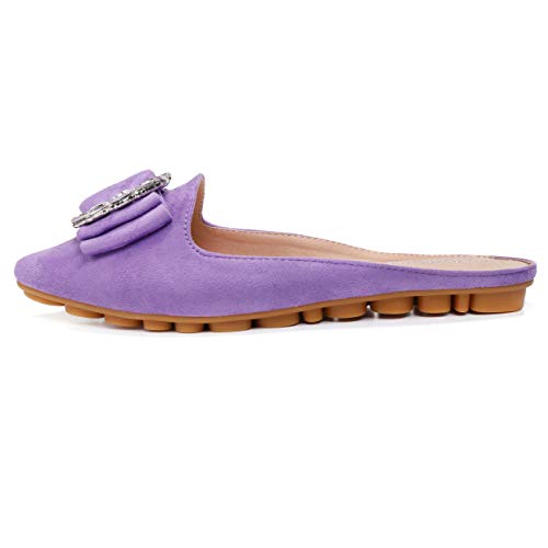 Women's Pointed Toe Rhinestone Mules Shoes Slip On Comfortable Suede Backless Walking Slipper Casual Mules For Women Flats Purple Size 7.5 #TOP2