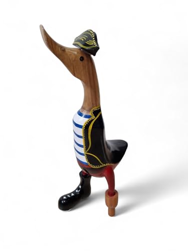 Kinaree Bambus Holz Ente Pirat - 40cm handgefertigte Holz Ente mit Stiefel, Holzbein und Hut aus Bambus, als Tischdeko, Gartendeko oder als knuffiges Geschenk