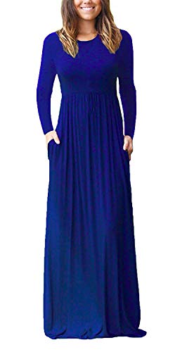 GRECERELLE Women's Round Neck Long Sleeves A-line Casual Dress with Pockets Royal Blue-X-Large