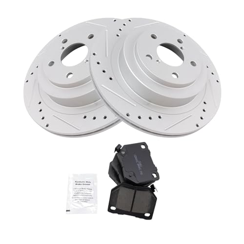 Image of TRQ Performance Rear Brake Pad and Rotor Set Ceramic Coated Drilled Slotted Rotors Compatible with 2006-2007 Subaru Impreza